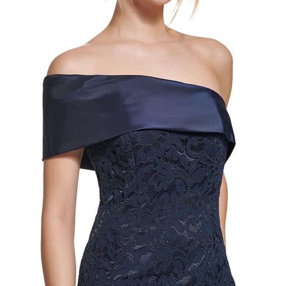 NWOT ELIZA J One Shoulder Satin Band Lace Overlay Mermaid Gown - size 14 - Picture 8 of 13